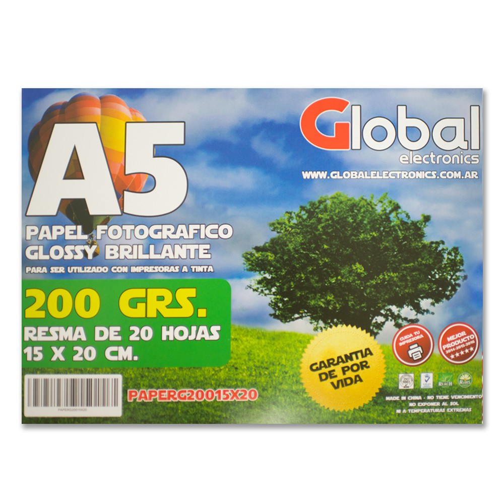 Global A5 (15x20) 200 Grs Fotografico Glossy X 20 Hojas