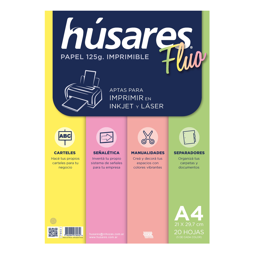Husares A4 Fluo 4 Colores X 20 Hojas